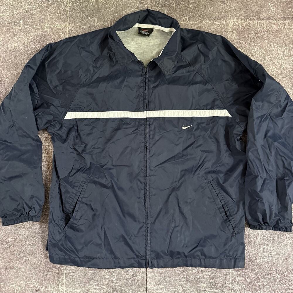 Women's Vintage Y2K Nike Navy Blue Fleece Lined Windbreaker Zip Up Jacket Sz L
